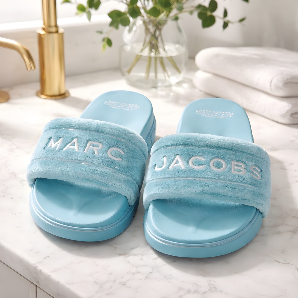 Marc Jacobs Plush Slide Sandals in Pastel Blue